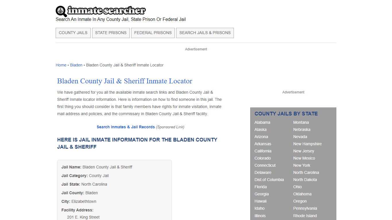 Bladen County Jail & Sheriff Inmate Locator - Inmate Searcher